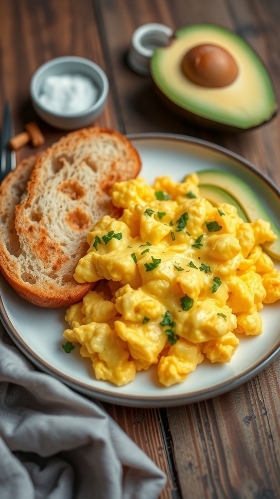Fluffy scrambled eggs with herbs on a plate, served with toast and avocado.